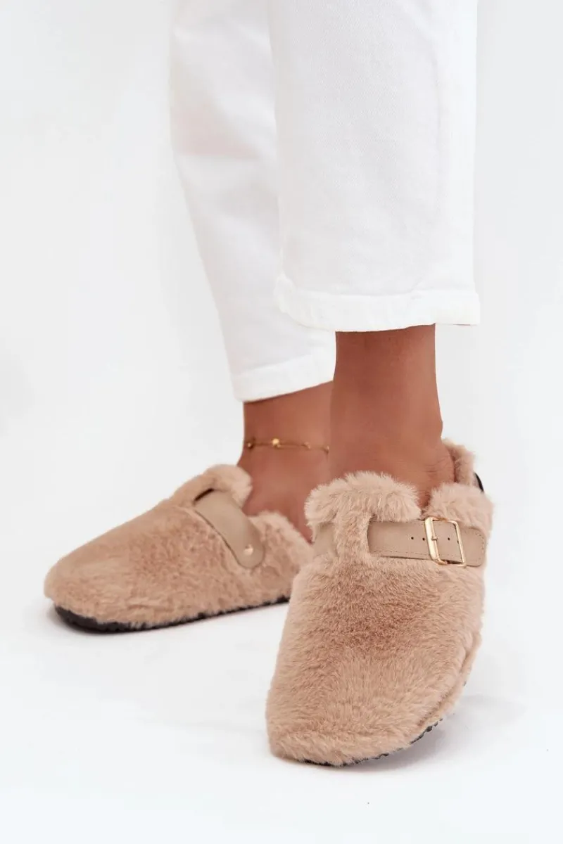 Kapcie Klasyczne|Klapki Korkowe>Boto Futrzane Klapki Damskie Na Platformie Z Paskiem I Klamrą Beżowe Noraline Beżowy