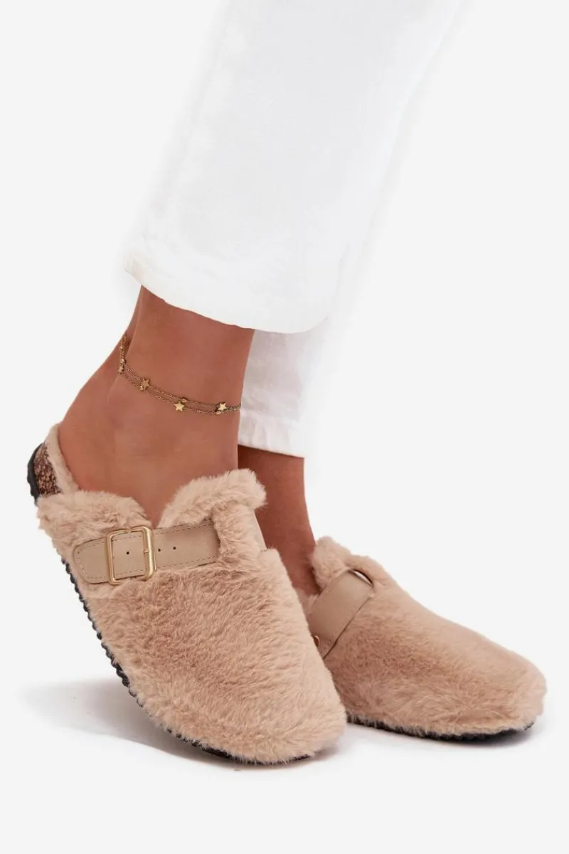 Kapcie Klasyczne|Klapki Korkowe>Boto Futrzane Klapki Damskie Na Platformie Z Paskiem I Klamrą Beżowe Noraline Beżowy