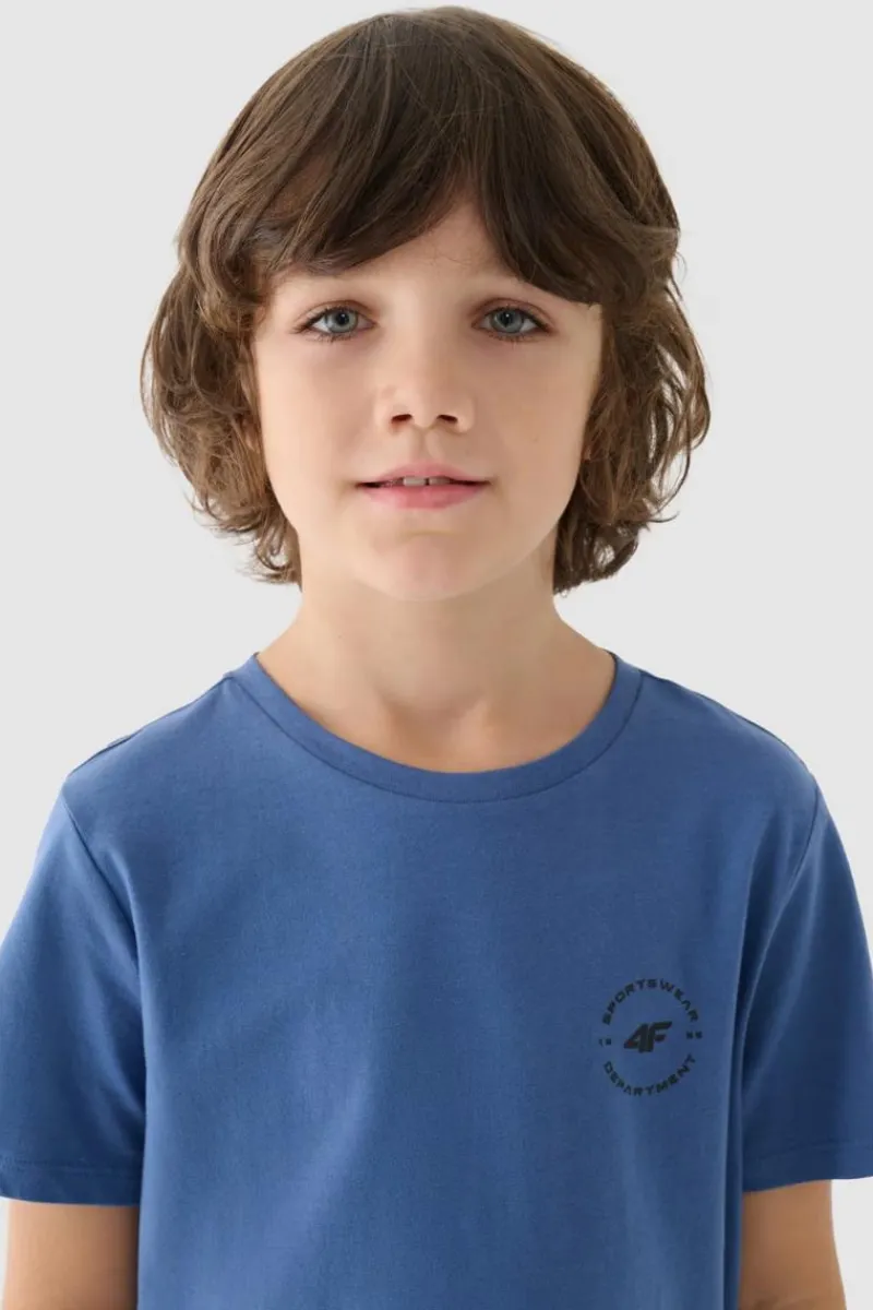 Outlet 4F Gładki Bawełniany T-shirt Chłopięcy Regular JWAW24TTSHM1859-32S Niebieska
