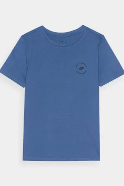 Outlet 4F Gładki Bawełniany T-shirt Chłopięcy Regular JWAW24TTSHM1859-32S Niebieska