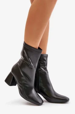 Outlet Gładkie Botki Damskie Na Słupku Z Eko Skóry Czarne Izariel Damskie Botki Na Słupku|Czarne Botki