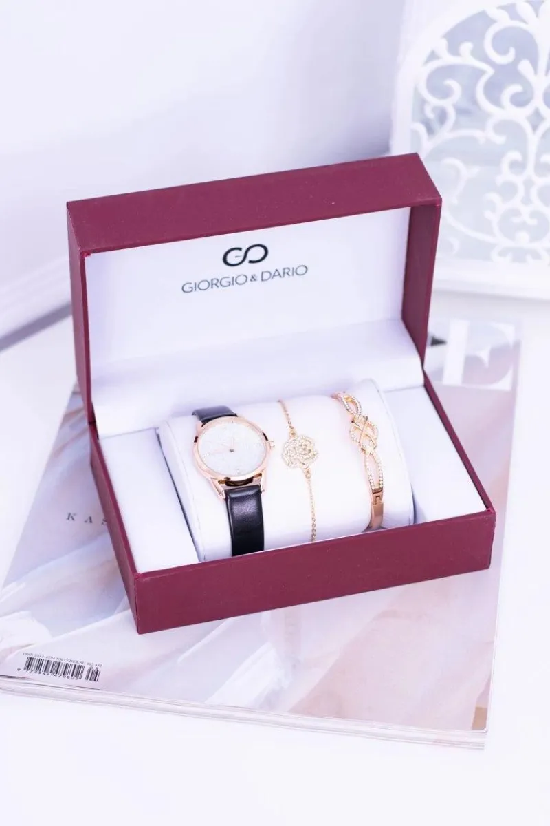 Sale Giorgio Dario Zestaw Damski Czarny Zegarek Z Brokatem Dwie Złote Bransolety Zegarki