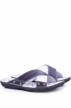 Klapki Męskie Klasyczne>Boto Granatowe Lekkie Skórzane Męskie Klapki Okay