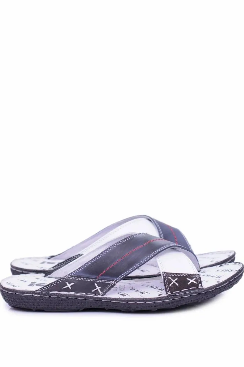 Klapki Męskie Klasyczne>Boto Granatowe Lekkie Skórzane Męskie Klapki Okay