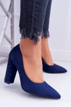 Hot Granatowe Zamszowe Czółenka Razor Damskie Czółenka Zamszowe|Czółenka Na Słupku