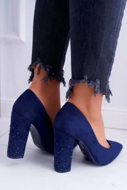 Hot Granatowe Zamszowe Czółenka Razor Damskie Czółenka Zamszowe|Czółenka Na Słupku