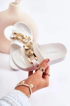 Dziewczęce>Boto Gumowe Dziecięce Klapki Z Ozdobnym Łańcuchem Białe Suzie