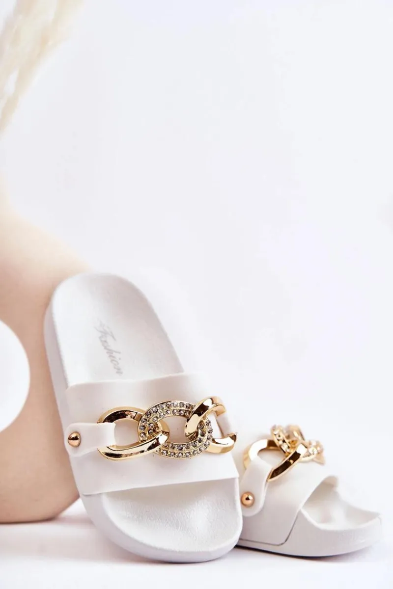 Dziewczęce>Boto Gumowe Dziecięce Klapki Z Ozdobnym Łańcuchem Białe Suzie