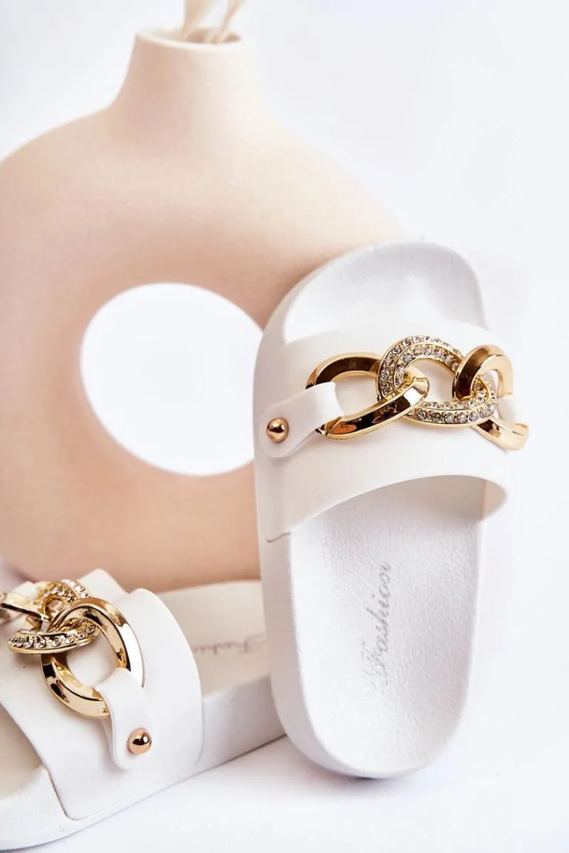 Dziewczęce>Boto Gumowe Dziecięce Klapki Z Ozdobnym Łańcuchem Białe Suzie