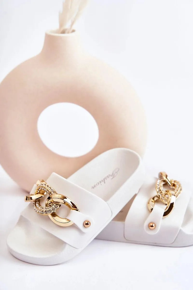 Dziewczęce>Boto Gumowe Dziecięce Klapki Z Ozdobnym Łańcuchem Białe Suzie