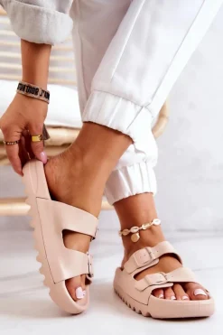 Gumowe Klapki Na Platformie Beżowe Westie Damskie Klapki Na Platformie|Klapki Damskie Klasyczne