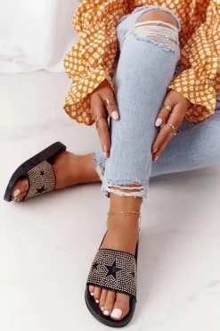 Klapki Damskie Klasyczne>Evento Gumowe Klapki Z Dżetami Czarne Edie