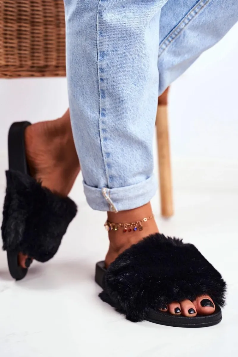 Boto Gumowe Klapki Z Futerkiem Czarne Sensitive