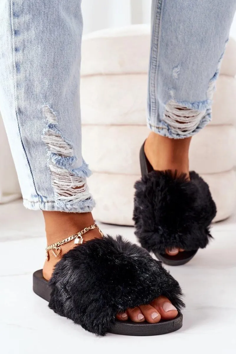 Boto Gumowe Klapki Z Futerkiem Czarne Soft