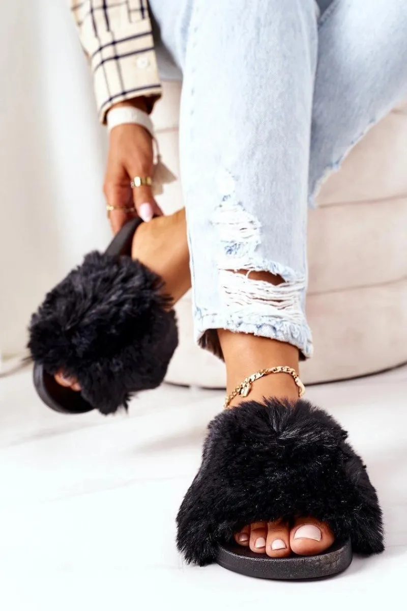 Boto Gumowe Klapki Z Futerkiem Czarne Soft