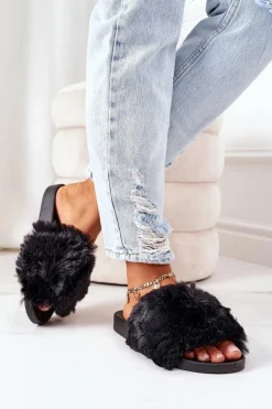 Boto Gumowe Klapki Z Futerkiem Czarne Soft