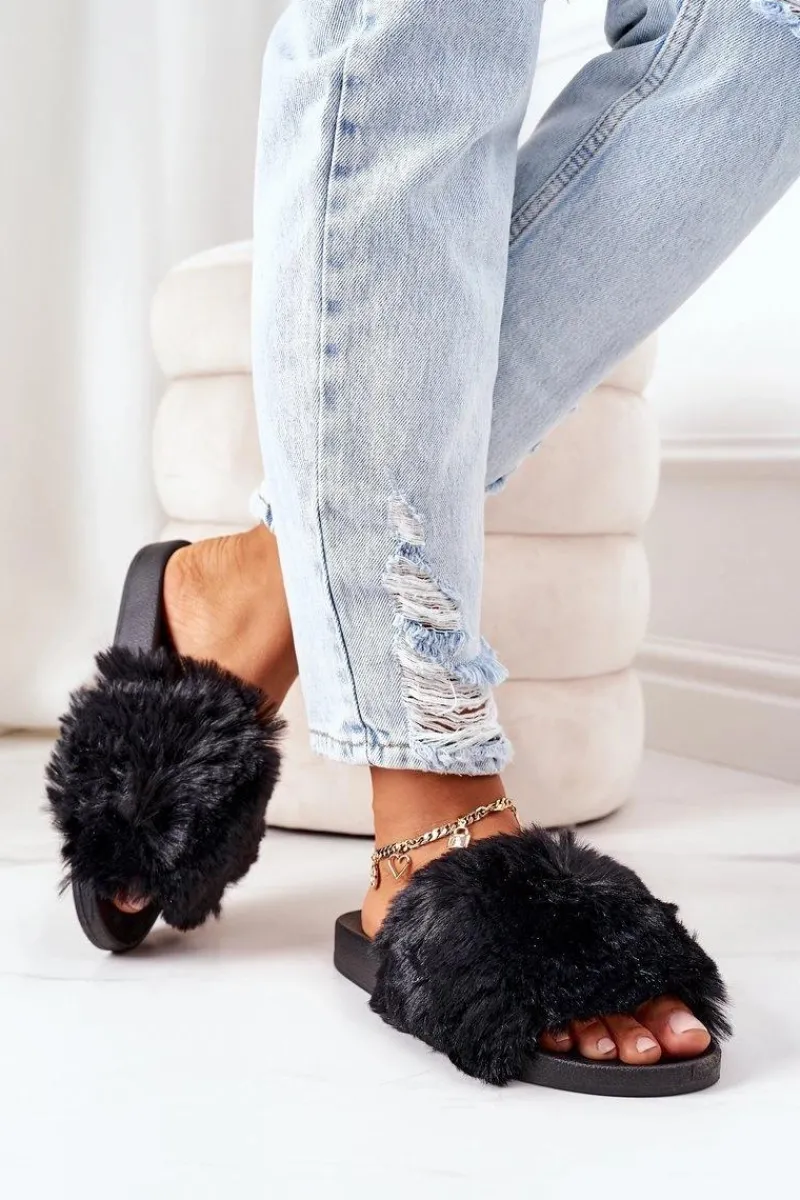 Boto Gumowe Klapki Z Futerkiem Czarne Soft