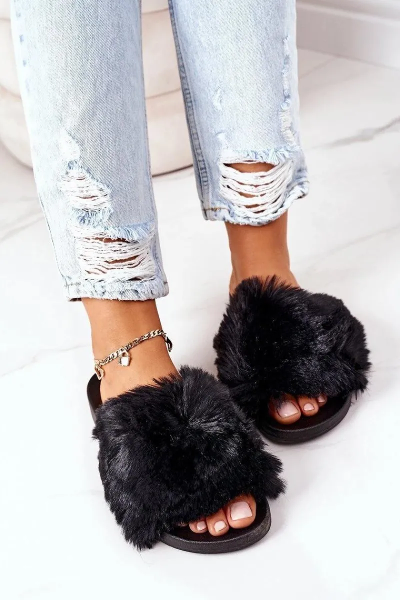 Boto Gumowe Klapki Z Futerkiem Czarne Soft