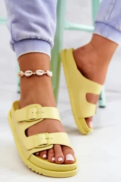 New Gumowe Klapki Ze Sprzączką Żółte Corina Damskie Klapki Damskie Klasyczne