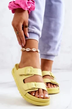 New Gumowe Klapki Ze Sprzączką Żółte Corina Damskie Klapki Damskie Klasyczne