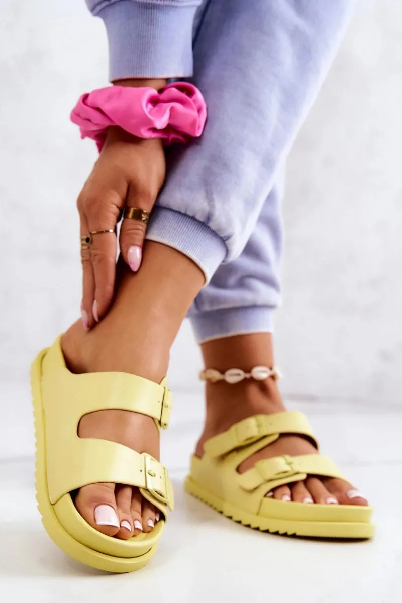 New Gumowe Klapki Ze Sprzączką Żółte Corina Damskie Klapki Damskie Klasyczne