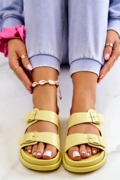 New Gumowe Klapki Ze Sprzączką Żółte Corina Damskie Klapki Damskie Klasyczne