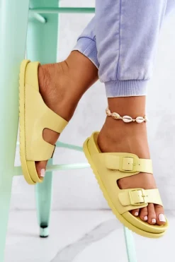 New Gumowe Klapki Ze Sprzączką Żółte Corina Damskie Klapki Damskie Klasyczne