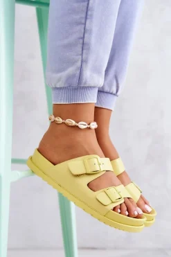 New Gumowe Klapki Ze Sprzączką Żółte Corina Damskie Klapki Damskie Klasyczne