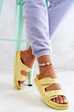 New Gumowe Klapki Ze Sprzączką Żółte Corina Damskie Klapki Damskie Klasyczne