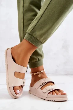 Online Damskie buty S.Barski Gumowe Klapki Ze Sprzączką Beżowe Corina