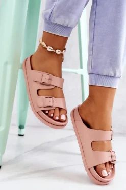 Clearance Damskie buty S.Barski Gumowe Klapki Ze Sprzączką Różowe Corina