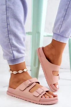 Clearance Damskie buty S.Barski Gumowe Klapki Ze Sprzączką Różowe Corina