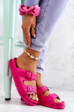 New Gumowe Klapki Ze Sprzączką Fuksja Corina Damskie Klapki Damskie Klasyczne