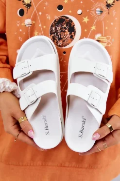 Clearance Damskie buty S.Barski Gumowe Klapki Ze Sprzączką Białe Corina Biały