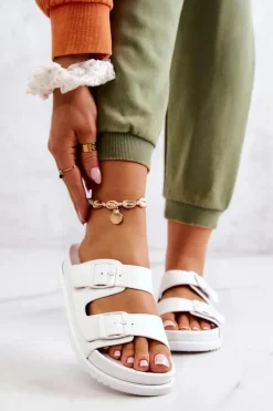 Clearance Damskie buty S.Barski Gumowe Klapki Ze Sprzączką Białe Corina Biały