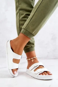 Clearance Damskie buty S.Barski Gumowe Klapki Ze Sprzączką Białe Corina Biały