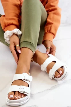 Clearance Damskie buty S.Barski Gumowe Klapki Ze Sprzączką Białe Corina Biały