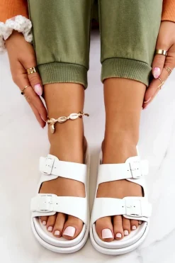 Clearance Damskie buty S.Barski Gumowe Klapki Ze Sprzączką Białe Corina Biały