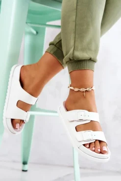 Clearance Damskie buty S.Barski Gumowe Klapki Ze Sprzączką Białe Corina Biały