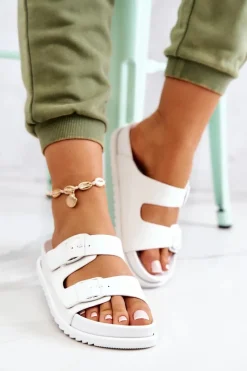 Clearance Damskie buty S.Barski Gumowe Klapki Ze Sprzączką Białe Corina Biały