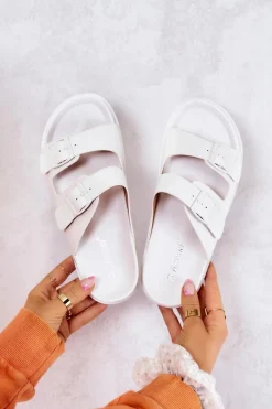 Clearance Damskie buty S.Barski Gumowe Klapki Ze Sprzączką Białe Corina Biały