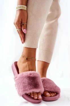 New Boto Gumowe Profilowane Klapki Z Futerkiem Ciemnoróżowe Emmie