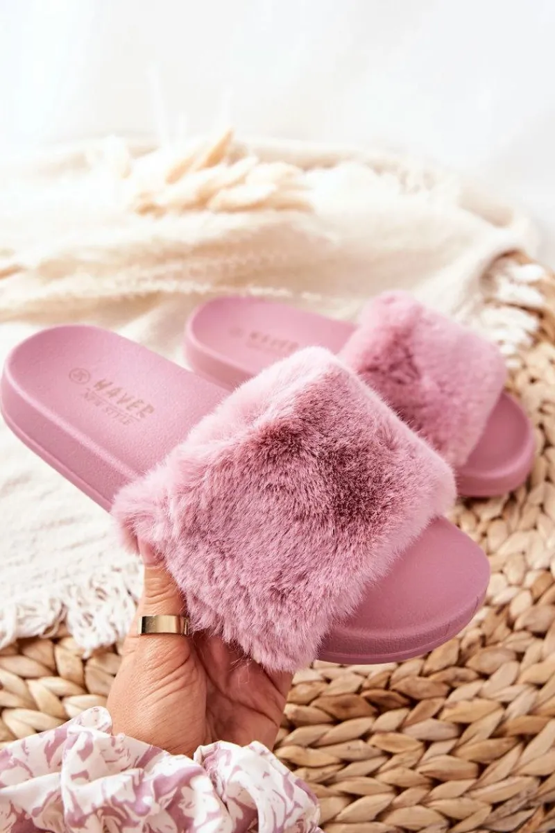 New Boto Gumowe Profilowane Klapki Z Futerkiem Ciemnoróżowe Emmie