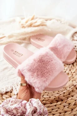 Kapcie Klasyczne|Klapki Z Futerkiem></noscript>Boto Gumowe Profilowane Klapki Z Futerkiem Różowe Emmie