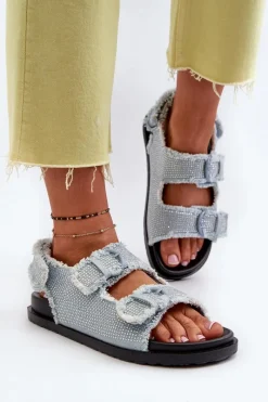 Hot Jeansowe Zdobione Sandały Damskie Niebieskie Irmale Damskie Sandały Płaskie
