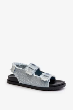 Hot Jeansowe Zdobione Sandały Damskie Niebieskie Irmale Damskie Sandały Płaskie