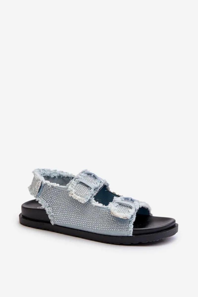 Hot Jeansowe Zdobione Sandały Damskie Niebieskie Irmale Damskie Sandały Płaskie