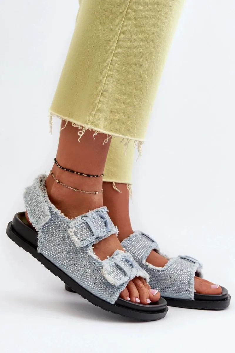 Hot Jeansowe Zdobione Sandały Damskie Niebieskie Irmale Damskie Sandały Płaskie