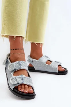 Hot Jeansowe Zdobione Sandały Damskie Niebieskie Irmale Damskie Sandały Płaskie
