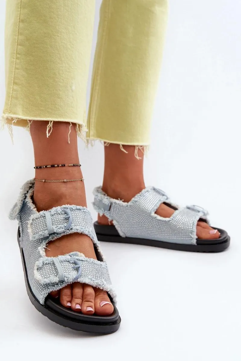Hot Jeansowe Zdobione Sandały Damskie Niebieskie Irmale Damskie Sandały Płaskie